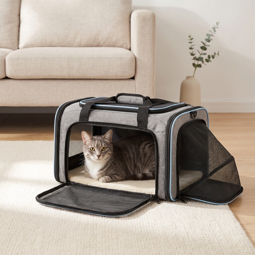 Les deux flancs du sac dépliés, chat allongé à l'intérieur